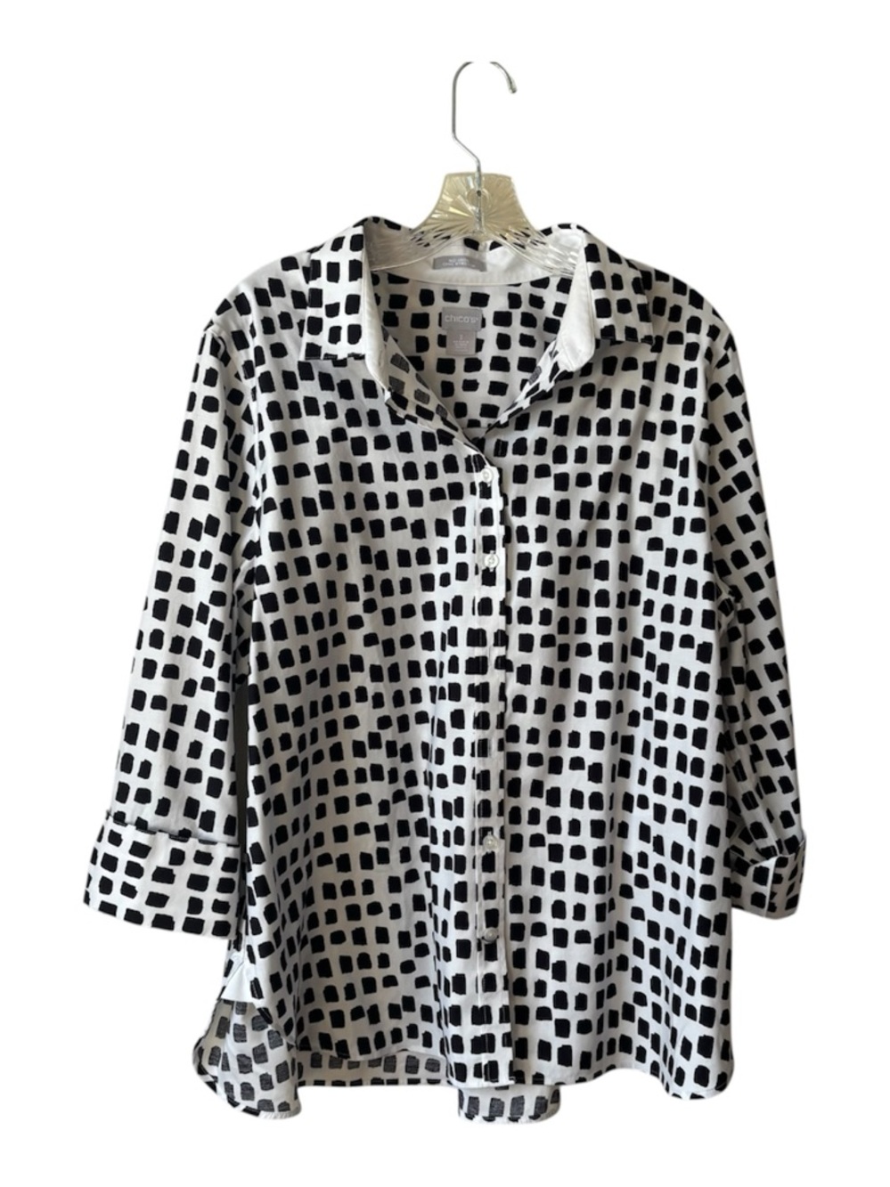Chico's 3 NO IRON Stretch Square Dot 3/4 Sleeve Optic White Shirt Blouse XL